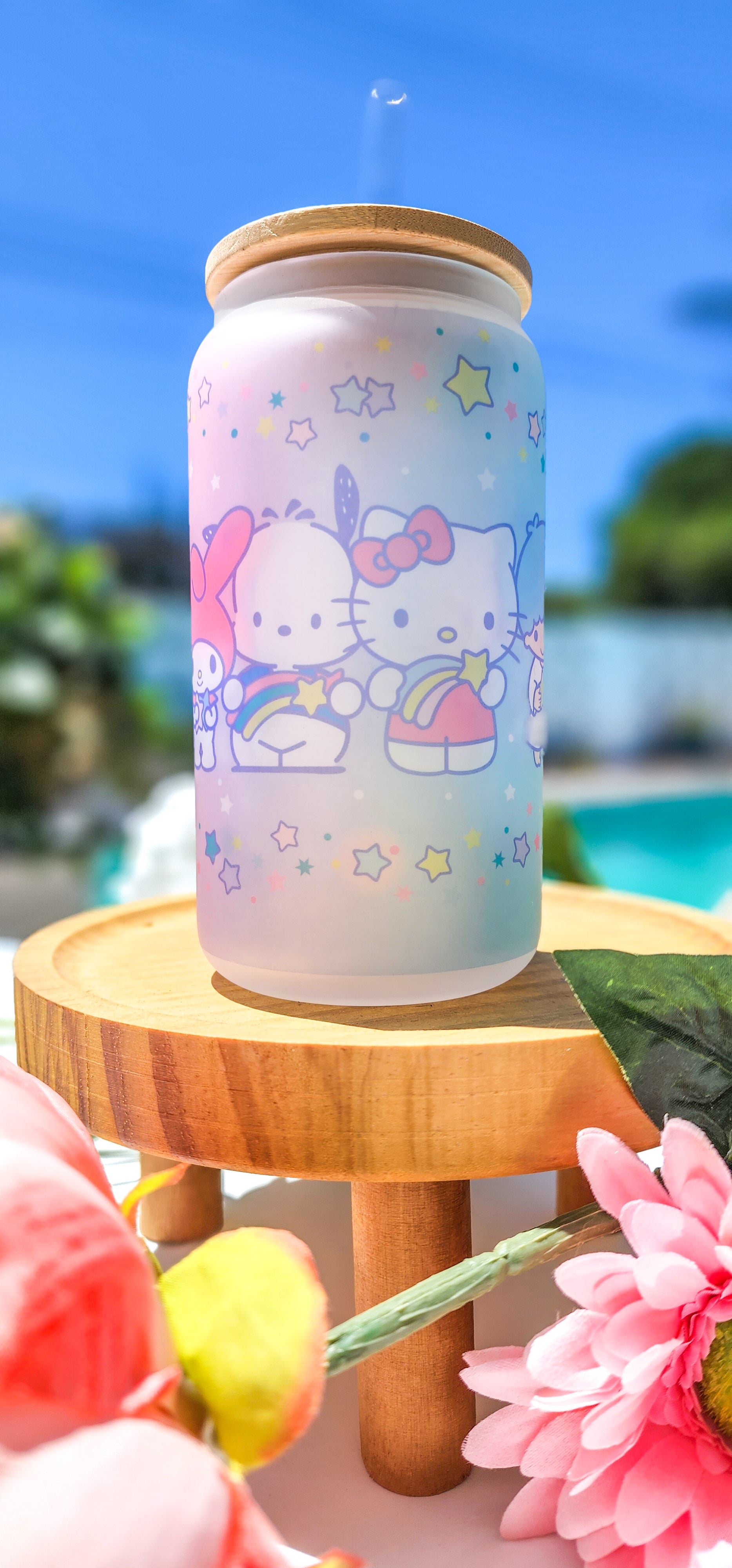 Hello Kitty Glass Cup 16oz Comes With Bamboo Lid & straw