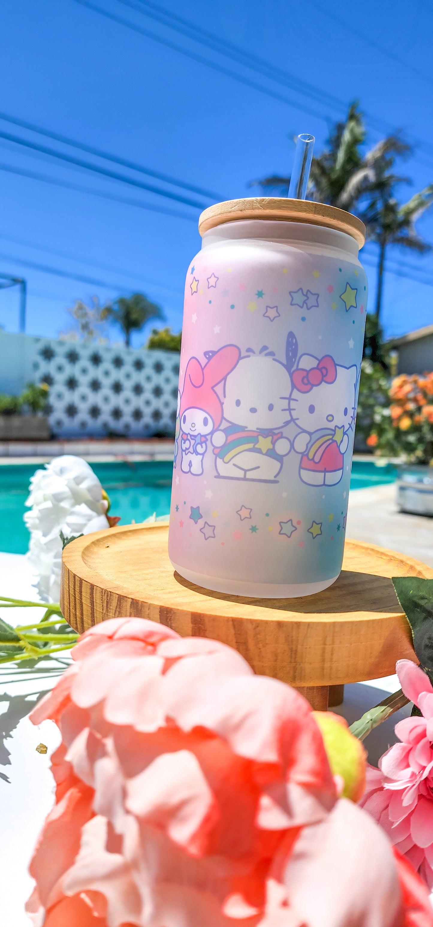 Cute Hello Kitty & friends with rainbows and stars 16oz Frosted Glass Can.