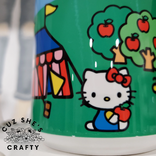 Cute Custom Hello Kitty mug with airplane and name banner. Full wrap around design with Hello Kitty and friends