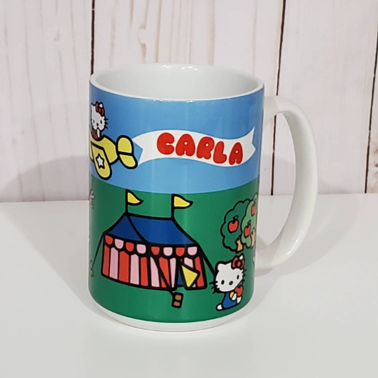Cute Custom Hello Kitty mug with airplane and name banner. Full wrap around design with Hello Kitty and friends