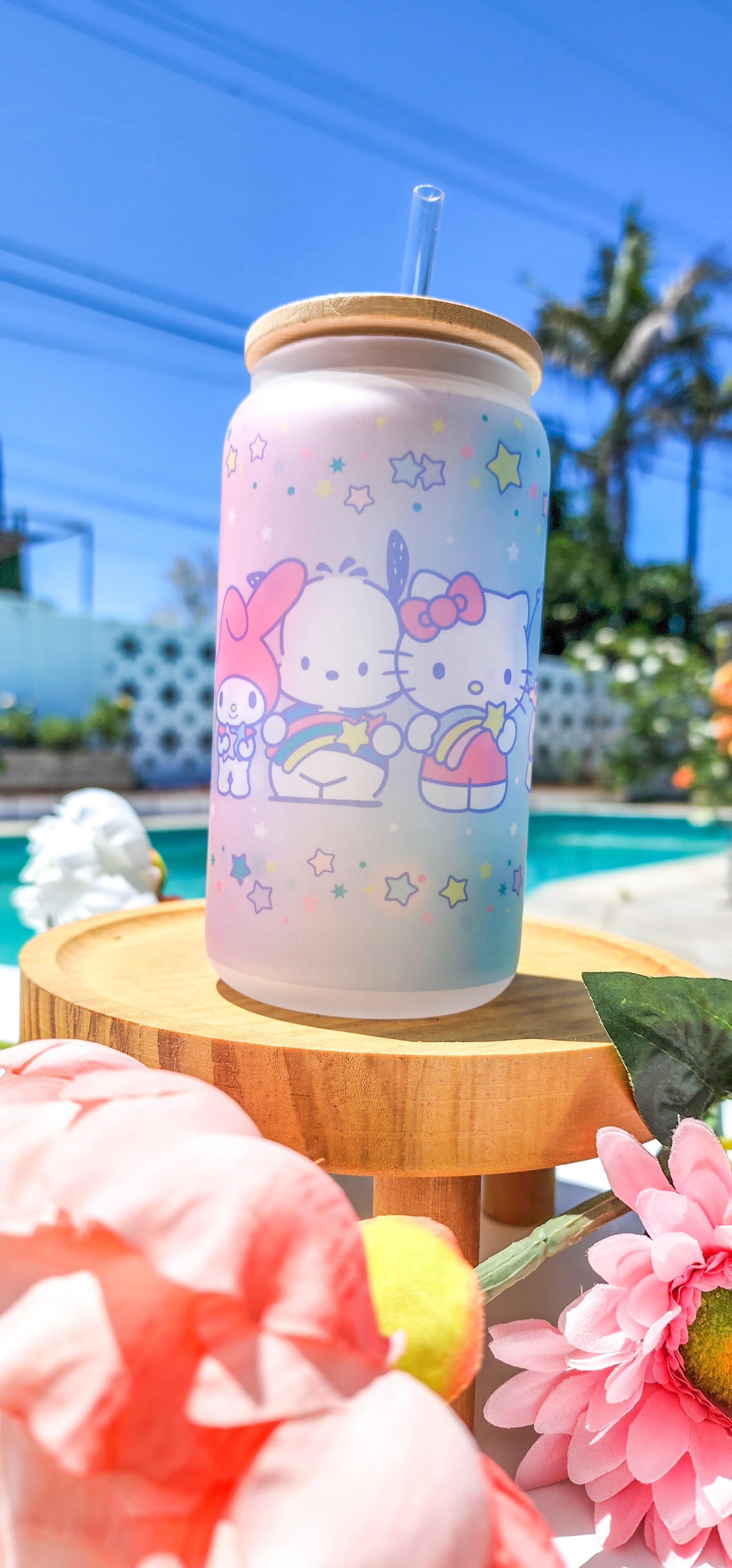 Hello Kitty Glass Cup W/ Lid, Rose Gold Glass Cup, Iced Coffee